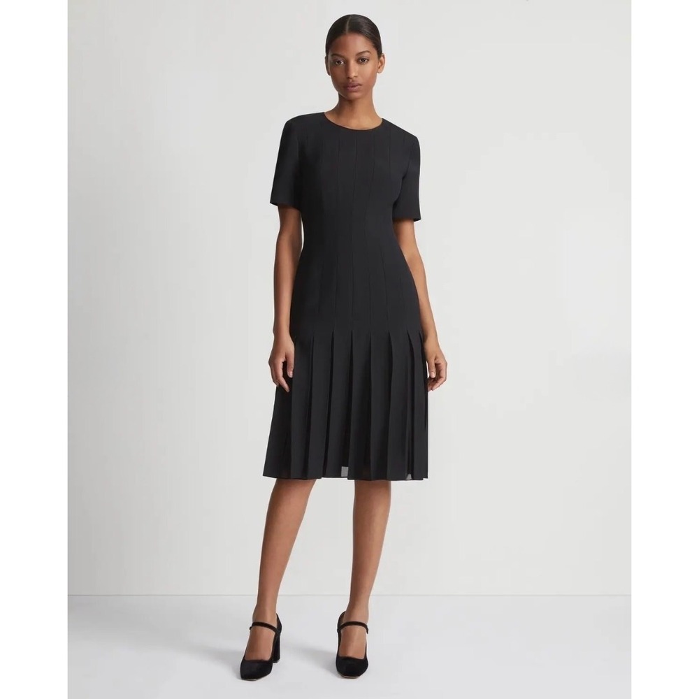 Lafayette 148 New York Black Wool Silk Crepe Box Pleat Dress Size 8